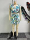 Women Printed V-Neck Sleeveless Top and Pleated Wide-Leg Shorts Two-Piece Set