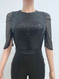 Women's Fashion Sequins Half Sleeve Wide-Leg Chic Ladies Jumpsuit