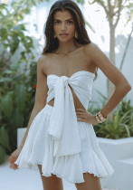 Women's Summer Solid Color Holidays Style Chiffon Strapless Ruffled Two Piece Short Skirt Set