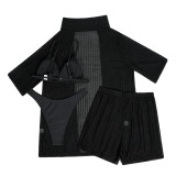 Solid Color Beach Sunscreen Mesh Shirt Shorts Four-Piece Swimsuit