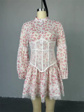 Women Print Long Sleeve Lace Dress