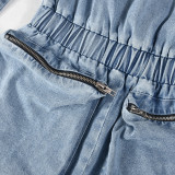 Sexy Off Shoulder Long Sleeve Elastic Waist Women's Pocket Denim Jumpsuit