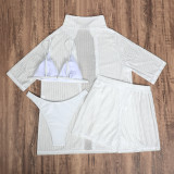 Solid Color Beach Sunscreen Mesh Shirt Shorts Four-Piece Swimsuit