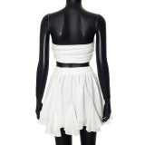 Women's Summer Solid Color Holidays Style Chiffon Strapless Ruffled Two Piece Short Skirt Set