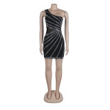 Women Sexy Beaded Patchwork See-Through One-Shoulder Sleeveless Elastic Bodycon Dress