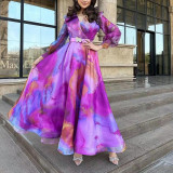 Spring Summer Print Mesh V-Neck Long Dress Plus Size Women's Dress