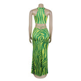 Women Striped Crop Top and Long Skirt Two Piece Set