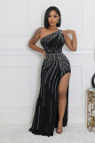Women Elastic Beaded Sleeveless Slash Shoulder Slit Bodycon Dress