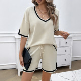 Spring And Summer Women's Casual Loose V Neck Sweater Shorts Set