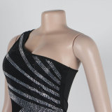Women Sexy Beaded Patchwork See-Through One-Shoulder Sleeveless Elastic Bodycon Dress