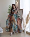 Spring Summer Print Mesh V-Neck Long Dress Plus Size Women's Dress