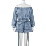 Sexy Off Shoulder Long Sleeve Elastic Waist Women's Pocket Denim Jumpsuit