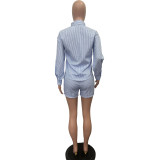 Women's Spring Summer Fashion Casual Striped Button Turndown Collar Shirt Shorts Two-Piece Set