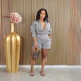 Women's Spring Summer Fashion Casual Striped Button Turndown Collar Shirt Shorts Two-Piece Set