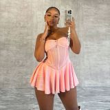 Women Elastic Wrap Backless Off Shoulder pleated skirt
