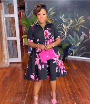 Printed V-Neck Zipper Short-Sleeved Plus Size Loose Dress