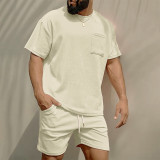 Men's casual round neck solid T-shirt shorts two-piece set