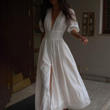 Women Elegant Puff Sleeve Slit Maxi Dress
