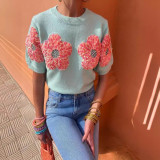 Women Contrast Color Flower Round Neck short-sleeved Top