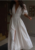 Women Elegant Puff Sleeve Slit Maxi Dress Women Elegant Puff Sleeve Slit Maxi Dress