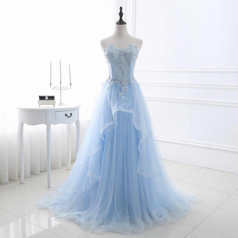 Women blue Strapless Lace-Up bridesmaid dress formal party evening dress(process time 3-6 days)