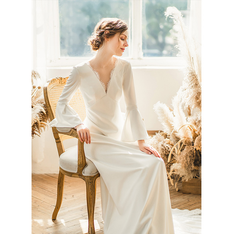 Women Bell Bottom sleeve wedding bride French evening dress(process time 3-6 days)