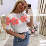Women Contrast Color Flower Round Neck short-sleeved Top