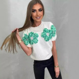 Women Contrast Color Flower Round Neck short-sleeved Top