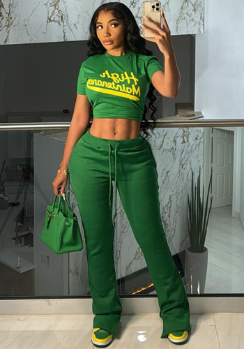 Women Summer Sexy Print Crop Short Sleeve Top and Pants Casual Two-piece Set