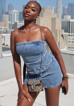 Women summer washed tassel Denim zipper off shoulder dress