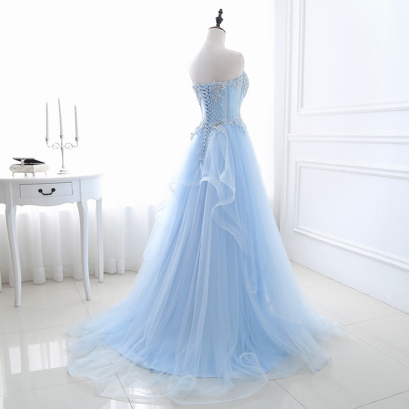 Women blue Strapless Lace-Up bridesmaid dress formal party evening dress(process time 3-6 days)