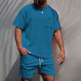 Men's casual round neck solid T-shirt shorts two-piece set