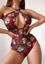 Women Bikini Sexy Rose Skull One-piece Swimwear