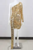 Women Sequin Formal Party One-shoulder Dress