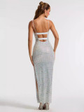 Summer Women Elegant Slit Beaded Strap Maxi Dress