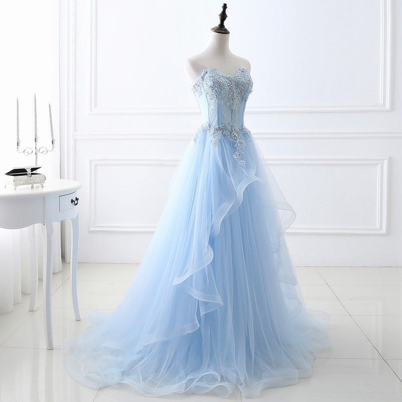 Women blue Strapless Lace-Up bridesmaid dress formal party evening dress(process time 3-6 days)