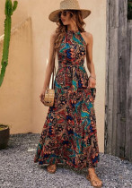 Women Printed Retro Halter Neck Bohemian Dress