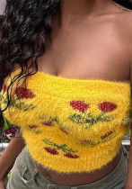 Women knitting plush flower Strapless summer sexy Basics sweater