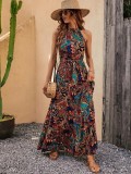 Women Printed Retro Halter Neck Bohemian Dress