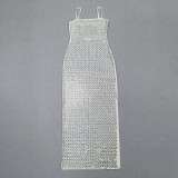 Summer Women Elegant Slit Beaded Strap Maxi Dress