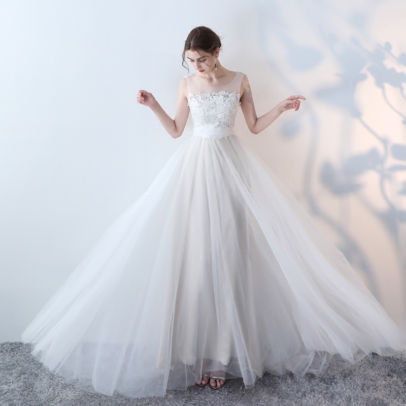 Women wedding dress white small trailing evening dress(process time 3-6 days)
