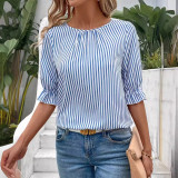 Summer Women's Clothing Plus Size Loose Striped Three-Quarter Sleeve Shirt