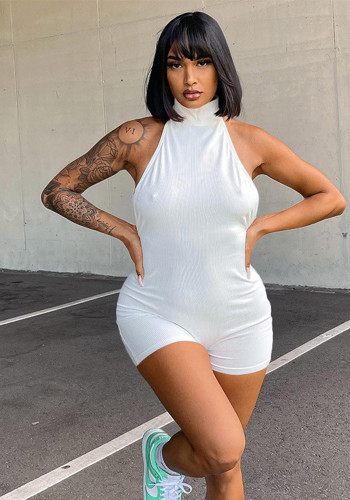 Women's Solid Color Halter Neck Sexy Low Back Short Jumpsuit