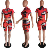 Women's Sexy Camouflage Short Sleeve Zipper High Waist Two-Piece Set