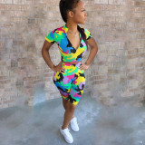 Women's Sexy Camouflage Short Sleeve Zipper High Waist Two-Piece Set