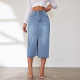 Retro Women's Midi Slit Denim Skirt