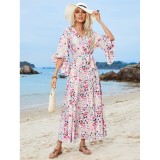 Bohemian Ruffle Patchwork Half-Sleeved V-Neck Belt Slit Dress
