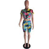 Women's Sexy Camouflage Short Sleeve Zipper High Waist Two-Piece Set