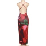 Spring Summer Fashion Lace Patchwork Print Halter Sexy Low Back Long Dress