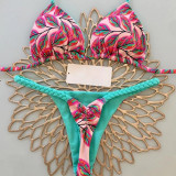 Printed Braided Two Pieces Swimsuit Sexy Triangle Thong Bikini Set